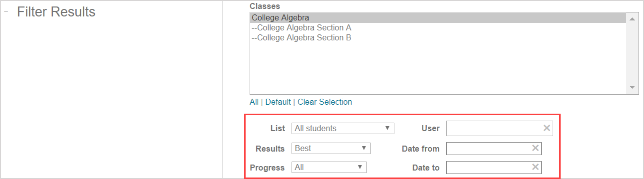 List, results, progress, user, and date fields are all below the classes list.